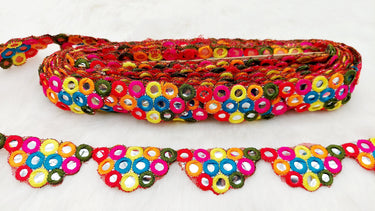 Multicoloured Indian Foil Mirror Trim, Kutch Embroidered Navratri Garba Dress Trim Bridal Lace, Indian Sari Border
